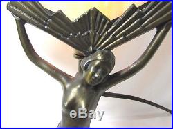 Vintage Art Deco Nymph Nude Lady Cast Bronze Lamp Stain Glass Fan Chandler II