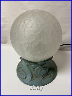 Vintage Art Deco Painted Spelter Lamp Crackle Glass Globe Shade Geometric Design