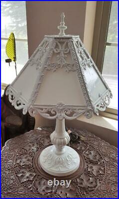 Vintage Art Deco Stained Slag Glass 6 Panel Filigree Overlay Table Lamp