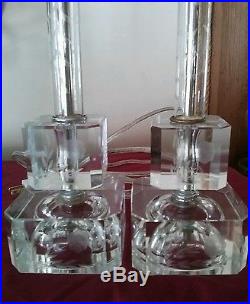Vintage Art Deco etched glass cube pair of lamps