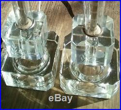 Vintage Art Deco etched glass cube pair of lamps