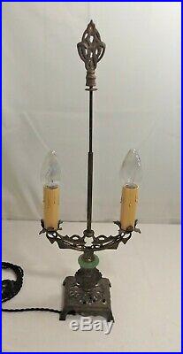 Vintage Art Nouveau 2 Bulb Brass & Slag Glass Table Lamp, Bridge Style, Stunning