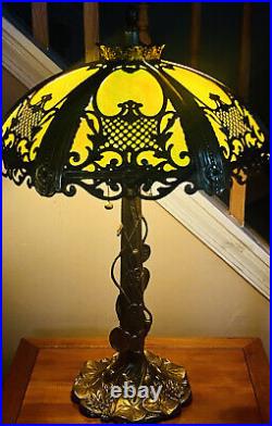 Vintage Art Nouveau 6-Panel Slag Glass Lamp Lily Pad Metal Base 2-Light 28H