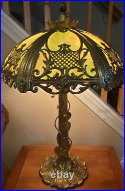 Vintage Art Nouveau 6-Panel Slag Glass Lamp Lily Pad Metal Base 2-Light 28H