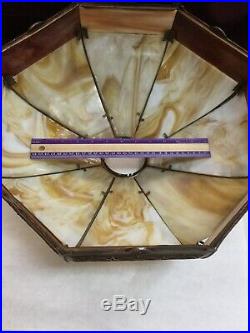 Vintage Art Nouveau 8 Panel Slag Curved Caramel Glass And Metal Lamp Shade