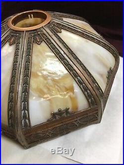 Vintage Art Nouveau 8 Panel Slag Curved Caramel Glass And Metal Lamp Shade