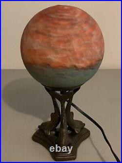 Vintage Art Nouveau Dolphin Bronze Base Illuminated Globe Sphere Table Lamp