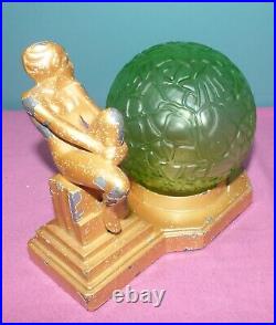 Vintage Art Nouveau Nude Figural Lady Table Desk Lamp with Glass Globe Shade Glows