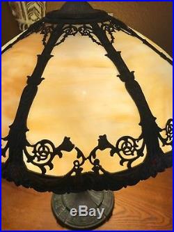 Vintage Art Nouveau Slag Glass 8 Panel Table Lamp
