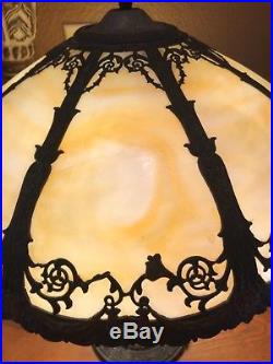 Vintage Art Nouveau Slag Glass 8 Panel Table Lamp
