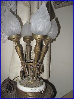 Vintage Art Nouveau Table Lamp Torch 4 Flame Shade Ornate Brasss Marble Base