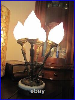 Vintage Art Nouveau Table Lamp Torch 4 Flame Shade Ornate Brasss Marble Base