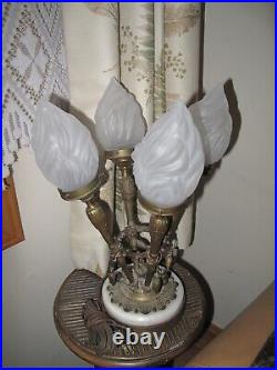 Vintage Art Nouveau Table Lamp Torch 4 Flame Shade Ornate Brasss Marble Base