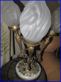 Vintage Art Nouveau Table Lamp Torch 4 Flame Shade Ornate Brasss Marble Base