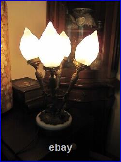 Vintage Art Nouveau Table Lamp Torch 4 Flame Shade Ornate Brasss Marble Base