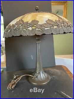 Vintage Arts & Crafts Bent Slag Glass Table Lamp by Bradley & Hubbard Cir 1920