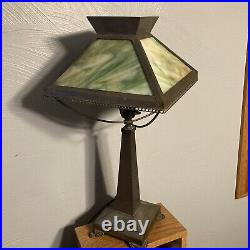 Vintage Arts & Crafts Mission Style Table Lamp Green Slag Glass Shade