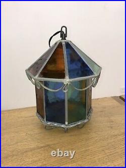 Vintage Arts and Crafts Hanging Stained Glass Lamp Light Pendant