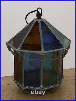Vintage Arts and Crafts Hanging Stained Glass Lamp Light Pendant