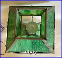 Vintage Arts and Crafts Mission Style Slag Green Glass Four Sided Lamp