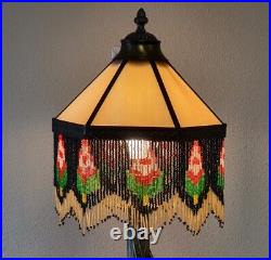Vintage BRASS LAMP + Stained Glass SEED BEAD Fringe SHADE Craftsman/ARTS+CRAFTS