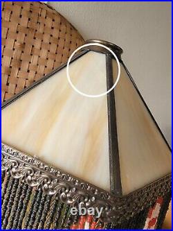 Vintage BRASS LAMP + Stained Glass SEED BEAD Fringe SHADE Craftsman/ARTS+CRAFTS