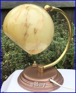 Vintage Bauhaus Table Lamp & Art Deco Caramel Marbled Glass Light Shade Antique