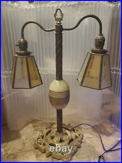 Vintage Brass And Green Slag Uranium Manganese Glass Table Lamp