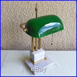 Vintage Brass Art Deco Bankers Desk Lamp Green Glass Shade Marble Base