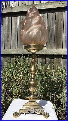 Vintage Brass Lamp & Art Deco Pink Flame Depression Glass Light Shade Antique