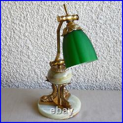 Vintage Brass & Onyx Art Deco Bankers Lamp Green Glass Shade