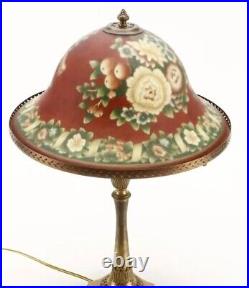 Vintage Brass Table Lamp Reverse Painted Orange with Flowers Daisies Glass Shade