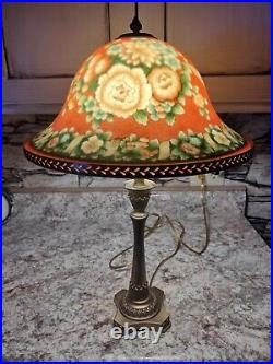 Vintage Brass Table Lamp Reverse Painted Orange with Flowers Daisies Glass Shade