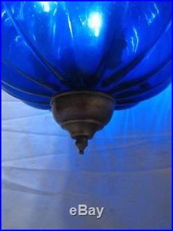 Vintage Cobalt Blue Ornate Art Glass Shade Hanging Hall Lamp Chandelier Light