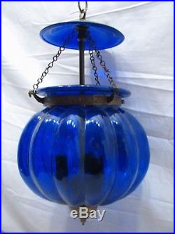 Vintage Cobalt Blue Ornate Art Glass Shade Hanging Hall Lamp Chandelier Light