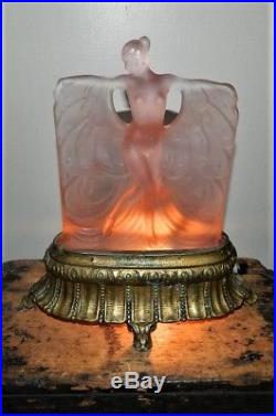 Vintage Danse De Lumiere Figural Art Deco Dancing Nude Lady Pink Glass Lamp