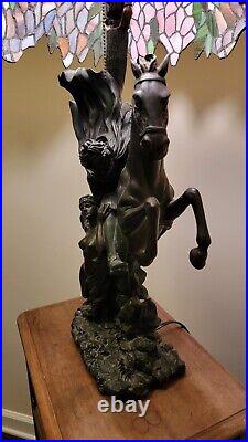 Vintage Deco Horseman with Nude Damsel Lamp with Tiffany Style Slag Glass Shade