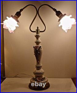 Vintage- Double Branch Heart Neck Porcelain Rose Shabby Style Art Glass Lamp