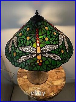 Vintage Dragonfly Tiffany Style Leaded Glass Lamp On Bronze Base