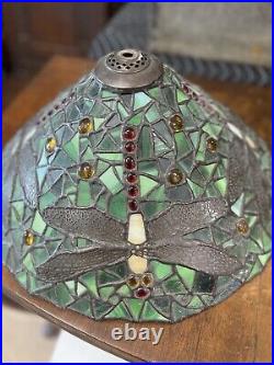 Vintage Dragonfly Tiffany Style Leaded Glass Lamp On Bronze Base
