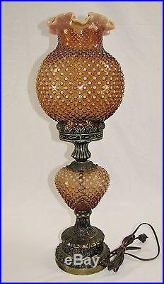 Vintage FENTON Amber Orange Hobnail Ruffle Edge Glass Brass GWTW Table Lamp 24