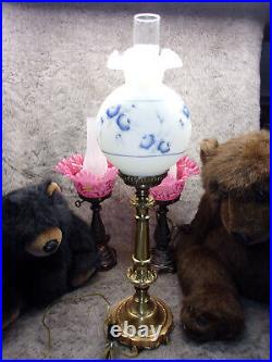 Vintage Fenton Art Glass Blue Rose Banquet Table Lamp 29 1/2 Tall NOS