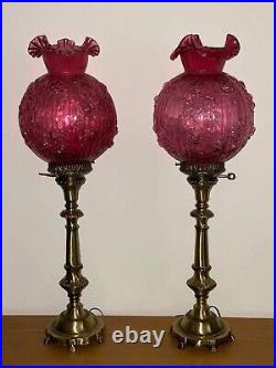 Vintage Fenton Art Glass Cranberry Cabbage Rose Banquet Table Lamp