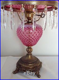Vintage Fenton Art Glass Cranberry Opalescent Hobnail Lamp With Prisms