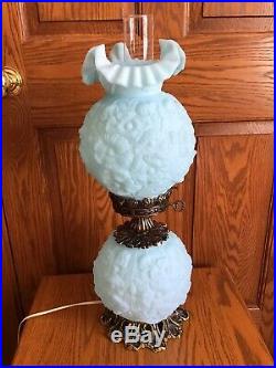 Vintage Fenton Art Glass Satin Pastel Blue Poppy Gone With The Wind Lamp