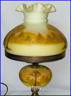 Vintage Fenton CUSTARD WithLOG CABIN 20 TABLE LAMP PAINTED BY D. FREDRICK