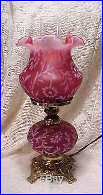 Vintage Fenton Cranberry Satin Daisy & Fern Lamp Gone With The Wind Style