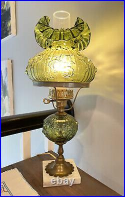 Vintage Fenton Green Glass Rose Flowers Student Lamp Marble Base 20.5