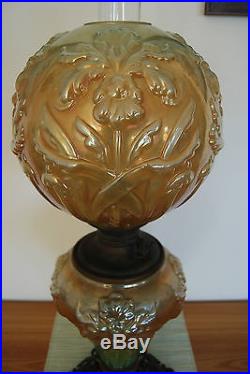 Vintage Fenton Gwtw Iridescent Marygold Oil Kerosene Art Nouveau Iris Glass Lamp