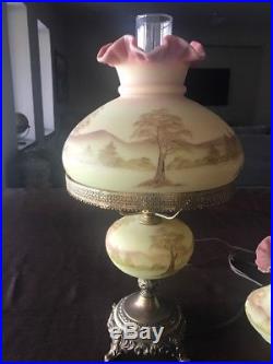 Vintage Fenton Hand Painted Scenic View Burmese Lamp And Matching Vase